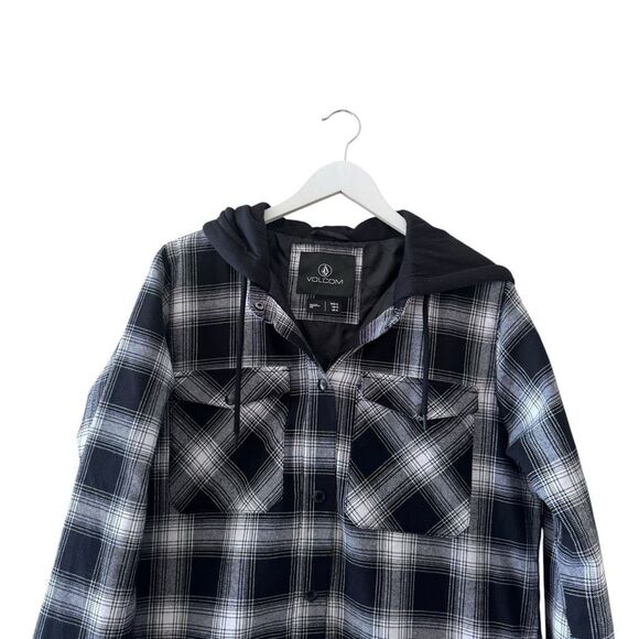 Volcom Hooded Black White Checkered Cotton Blend Ski Snowboard Lightweight Pocke - Picture 2 of 13
